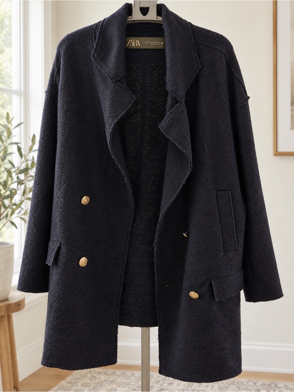 Zara Women's Navy Double-Breasted wool Coat